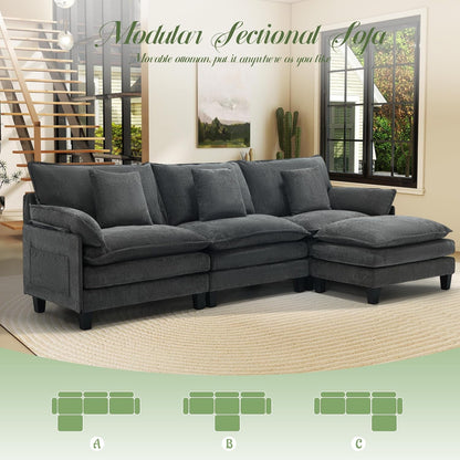 106" L Shaped Modular Sectional Cloud Couch, Comfy Modern Sofa with Ottoman, 4-Seat Deep Seat Sofa with Pillows for Living Room, Bedroom and Apartment, Modular Sofa, Grey9