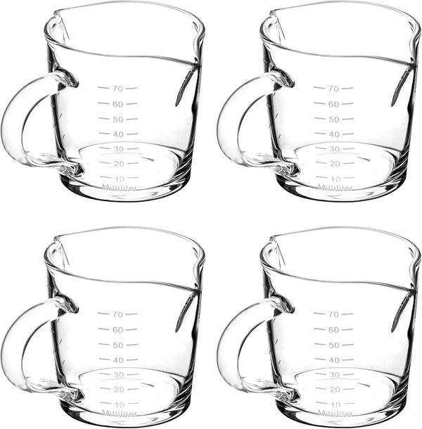 Espresso Shot Glass with Handle, 4 Pack 3-Ounce Double Spout Glass Measuring Cup Triple Pitcher Milk Cup with Two Scales (OZ&ML)7