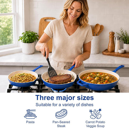 Nonstick Enameled Cast Iron Cookware | 3-Piece Skillet Set (8", 9.5" & 11"), Healthy Non-Toxic, PFOA PFAS PTFE Free, All Stovetops Compatible, Blue4