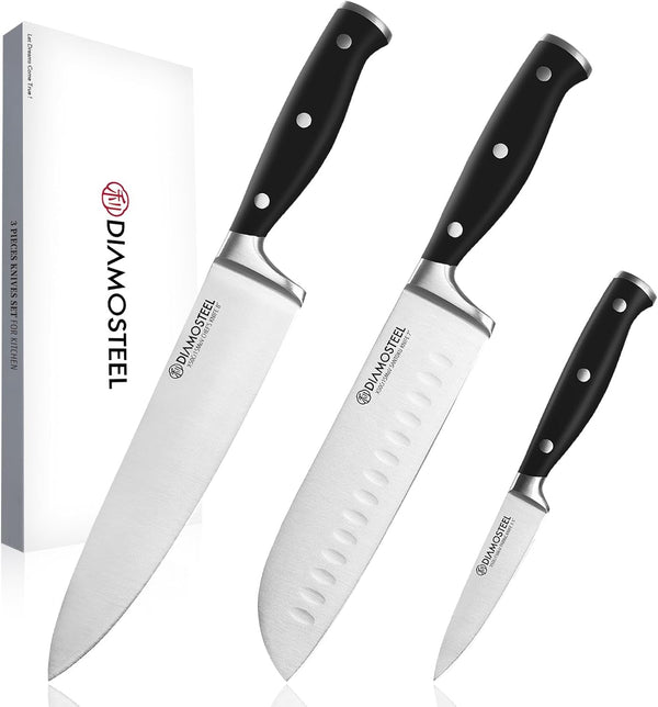 Black Knife Set, 3-Piece Knives Set for Kitchen with Elegant Box | X50Cr15Mov High Carbon Stainless Steel at 58±2 HRC, Ergonomic ABS Full Tang Handles, Include Chef & Santoku & Paring Knife1
