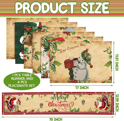7 Pcs Christmas Table Runner Placemats Set, 72 X 13 Inch Linen3