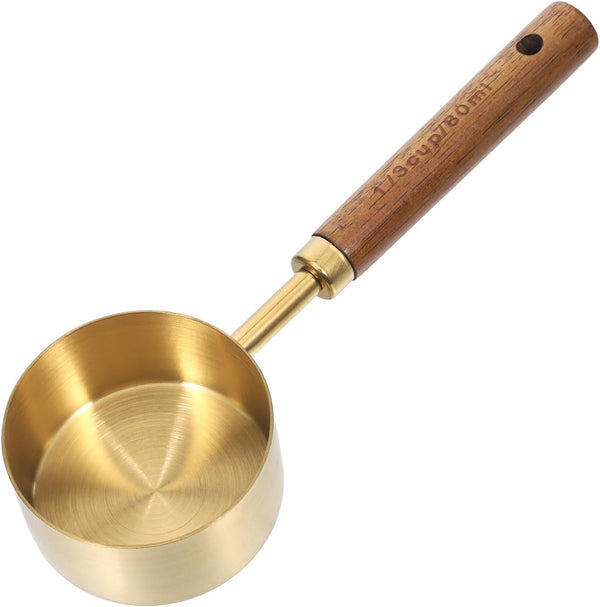 1/3 Cup Measuring Cup, 80Ml Stainless Steel Measuring Scoop Gold Coffee Scoop 1/3 Teaspoon with Wooden Handle for Baking Cooking Wet and Dry Ingredients1