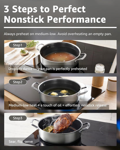 7 QT Large Deep Frying Pan with Lid | 12 Inch | Riveted Handles | Ceramic Nonstick | Tri-Ply Stainless Steel Skillet | Saute Pan | Hybrid Cookware | Oven & Induction Ready | 6-8 Servings7
