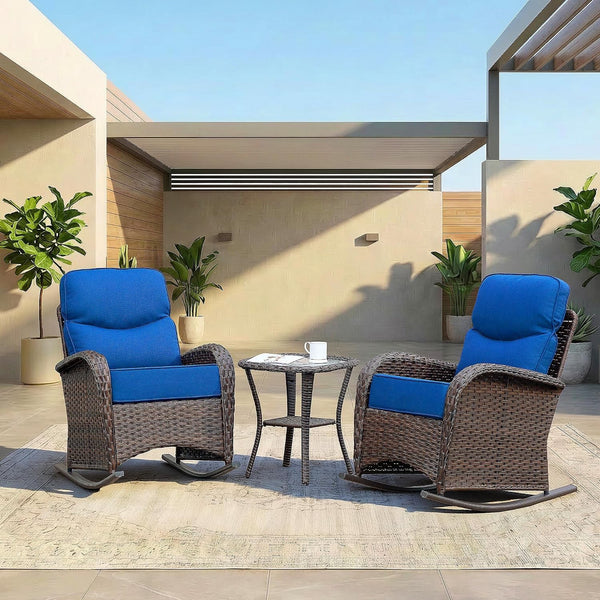Luxury Patio Furniture Set, High Back Outdoor Rocking Chairs with 6" Thick Cushions and Table, 3 Pieces All Weather Bistro Conversation Set for Porch Deck Balcony Yard (Blue)1