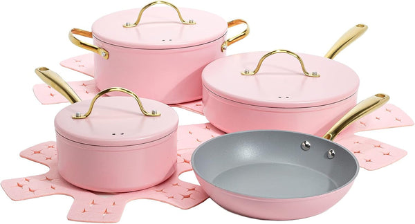 Iconic Nonstick Pots and Pans Set, Multi-Layer Nonstick Coating, Matching Lids with Gold Handles, Made without PFOA, Dishwasher Safe Cookware Set, 10-Piece, Pink1