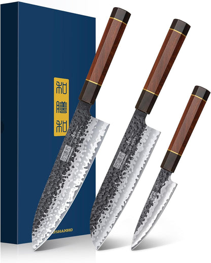 3 Pcs Knife Set, Ultra Sharp High Carbon Steel Kitchen Knives Set | Japanese Hand Forged Chef Knife Set, Professional Kitchen Knife Sets with Ergonomic Rosewood Handle & Elegant Gift Box1