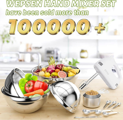 Hand Mixer Electric Mixing Bowls Set, 5 Speeds Handheld Mixer with 4 Nesting Stainless Steel Mixing Bowl, Measuring Cups Spoons 200W Kitchen Blender Whisk Beater Baking Supplies for Beginner2