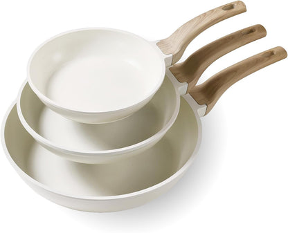 3Pcs Cream White Non Stick Skillet Set, Cream White | Non Toxic Granite Frying Pan with Heat-Resistant Handle, All Stovetops Compatible, Pfoa-Free, 8"+10"+12"1