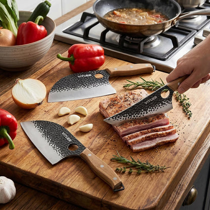3PCS Butcher Knife Set, Hand Forged 7" Butcher Meat Cleaver, 7" Serbian Chef and 6.5" Viking Knife, Great for Indoor & Outdoor (Stylish Pattern Design)5