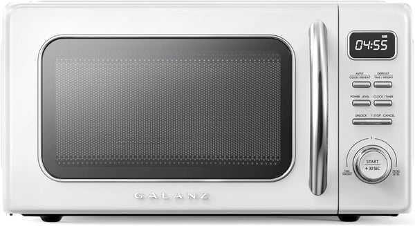GLCMKZ11WER10 Retro Countertop Microwave Oven with Auto Cook & Reheat, Defrost, Quick Start Functions, Easy Clean with Glass Turntable, Pull Handle 1.1 Cu. Ft, White1