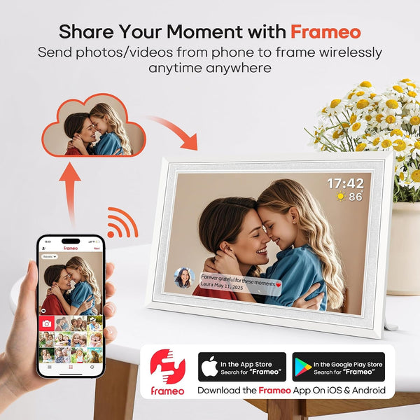 Frameo 10.1" Digital Picture Frame, Smart Wifi Digital Photo Frame with 1280X800 HD IPS Touch Screen 32GB Memory Auto-Rotate Wall Mounted, Share Photos/Videos from Phone Anywhere(White)2