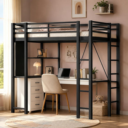 Full Size Loft Bed with Desk, 13" Guardrails, Noise-Free, Black1
