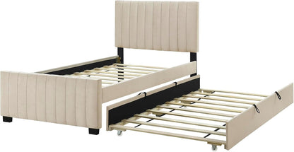 Twin Size Velvet Upholstered Platform Bed, Wood Bed Frame with Twin Size Trundle, Beige4