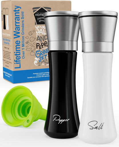 Stainless Steel Salt and Pepper Grinder Set of 2 - Adjustable Ceramic Sea Salt Grinder & Pepper Grinder - Glass Salt and Pepper Shakers - Pepper Mill & Salt Mill W/Funnel - Black and White1