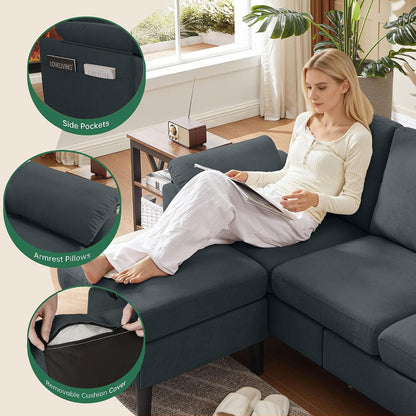 80" Convertible Sectional Couch with Ottoman, 3 Seater L Shaped Couch Sofa with Storage Chaise, Removable Armrest Cushions, Linen Modern Small Couches for Living Room, Apartment, Dark Grey5