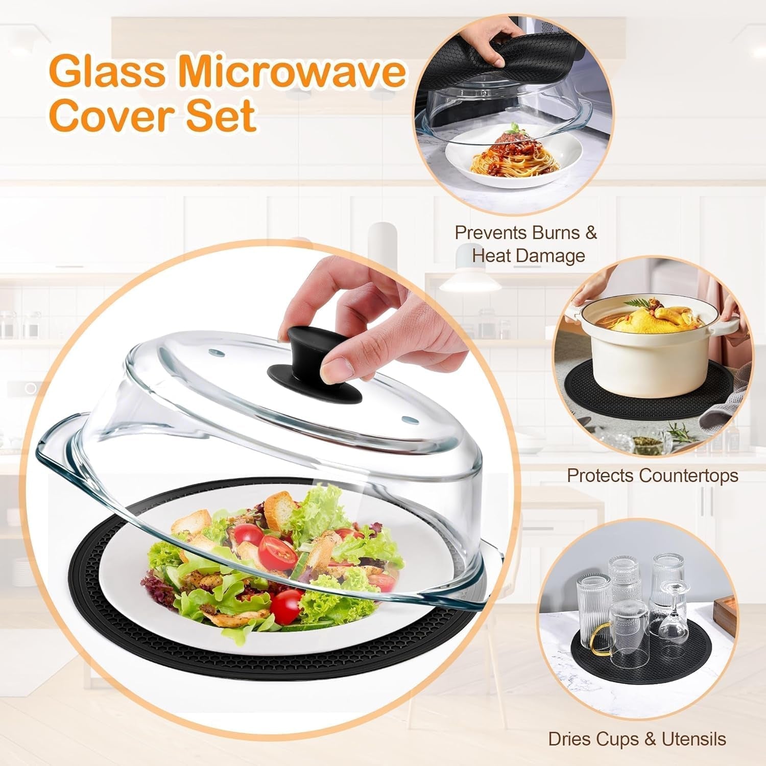 glass-microwave-splatter-cover-for-food-with-microwave-place-mat-sturdy-plate-guard-lid-with-vent-holes-and-easy-grip-silicone-handle-bpa-free-dishwasher-safe-black