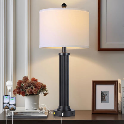 28" Tall Modern Table Lamps with USB C+A Ports and AC Outlet, 3 Way Touch Metal Bedside Lamps for Bedroom, Black Nightstand Lamps for Living Room1