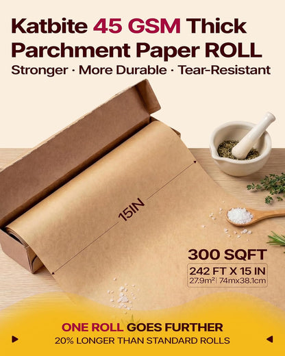 Unbleached Parchment Paper Roll, 15In X 242Ft, 300 Sq.Ft, Non-Stick with Serrated Cutter for Baking, Cooking, Air Fryer | Heavy Duty Non-Stick Baking Paper with a Serrated Cutter for Baking, Cooking and Air Frying2