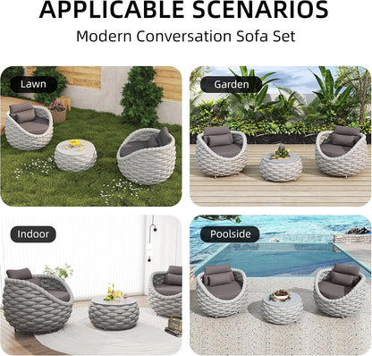 Patio Furniture Set, All-Weather Conversation Set Made of Aluminum Frame and Textilene Rope, Garden Furniture for Outdoor & Indoor Use (Light Gray Mix, 3Pcs Armchairs+Table)7