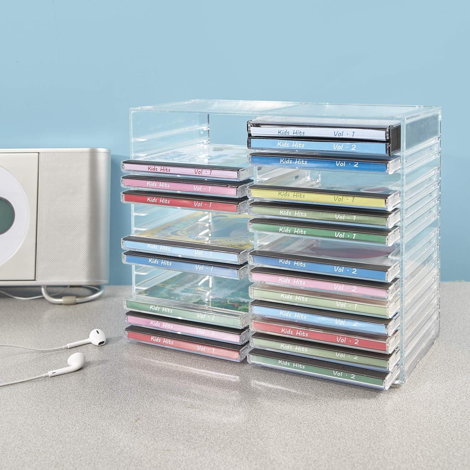 stackable-clear-plastic-cd-organizer-with-rubber-feet-rectangular-jewel-cases-holder-perfect-for-theatre-room-holds-up-to-30-cd-cases-made-in-usa