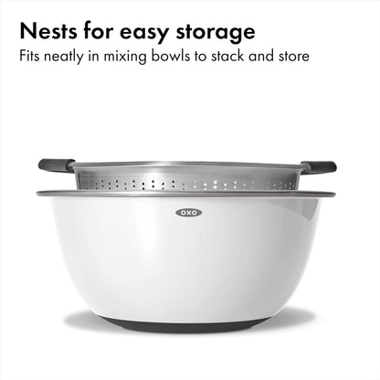 OXO Good Grips Strainer - 5 Qt Capacity, Stainless Steel | Colander, Nesting Design for Easy Storage, Non-Slip Handles, Drains Pasta and Vegetables, Dishwasher Safe5