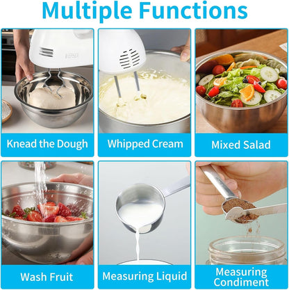 Hand Mixer Electric Mixing Bowls Set, 5 Speeds Handheld Mixer with 4 Nesting Stainless Steel Mixing Bowl, Measuring Cups Spoons 200W Kitchen Blender Whisk Beater Baking Supplies for Beginner7
