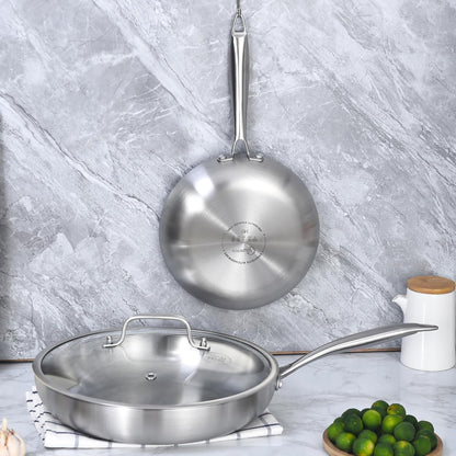 8.5-10 Inch Tri-Ply Stainless Steel Frying Pan Set with Lid,Skillets,Induction Cookware,Dishwasher and Oven Safe | Tri-Ply Stainless Steel Frying Pan | PFOA & PTFE Free | Fast & Even Heat | Induction Compatible | Dishwasher & Oven Safe6
