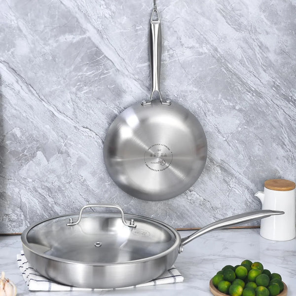 8.5-10 Inch Tri-Ply Stainless Steel Frying Pan Set with Lid,Skillets,Induction Cookware,Dishwasher and Oven Safe | Tri-Ply Stainless Steel Frying Pan | PFOA & PTFE Free | Fast & Even Heat | Induction Compatible | Dishwasher & Oven Safe6