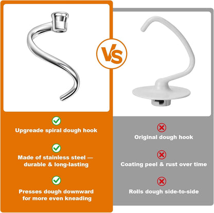 Stainless Steel Spiral Dough Hook for Kitchen Aid 4.5QT / 5QT Tilt-Head Mixers, Dishwasher Safe, Dough Hook Attachment - Efficient Kneading for Bread, Pizza, Pasta, Cookies4