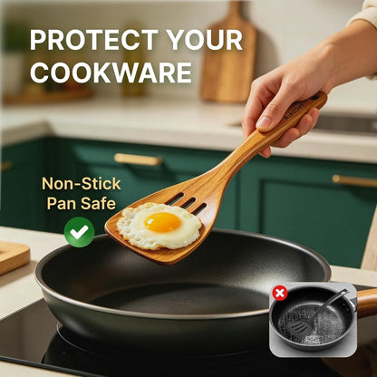 8 PCS Teak Wood Kitchen Utensil Set, Natural Wooden Cooking Spoons & Spatulas, Non Toxic Cooking Tools for Nonstick Cookware, Comfortable Handles, Easy Care4