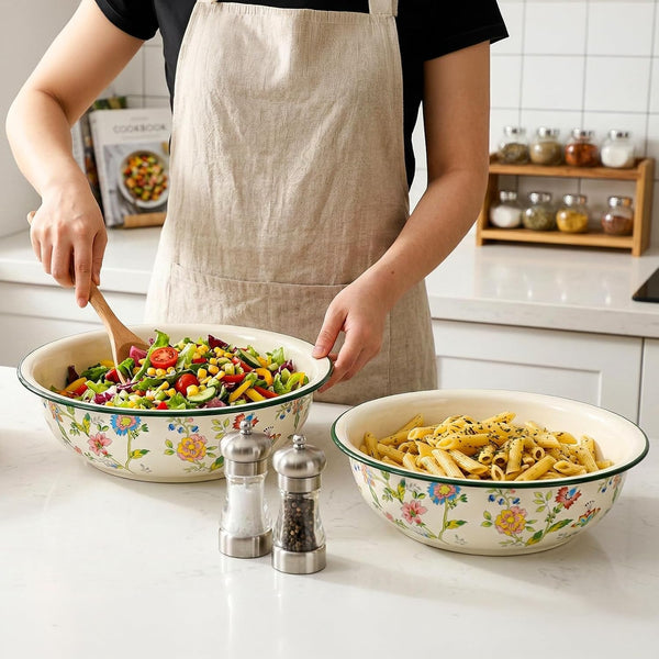 2 Pack Vintage Enamel Mixing Bowls, 11.8 Inch Primitive Enamelware Basin for Fruit, Salad, Pasta, Dough Making, 3.6 Quart Enamel Washing Bowl Serving Tray for Camping, Kitchen, Farmhouse Decor8