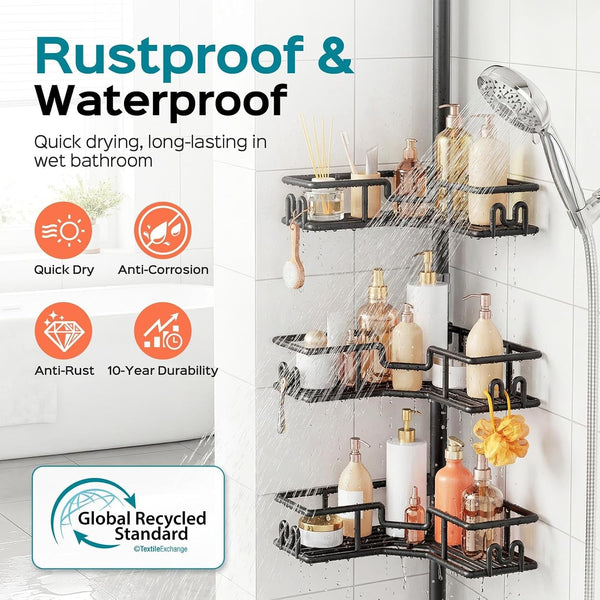 Shower Caddy Tension Pole: 4-Tier Adjustable Corner Organizer Black2