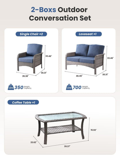 4-Piece Outdoor Patio Furniture Set with Coffee Table, Outdoor Conversation Wicker Sofa with Thickened Cushions, Rattan Couch for Deck Yard Poolside, Blue2