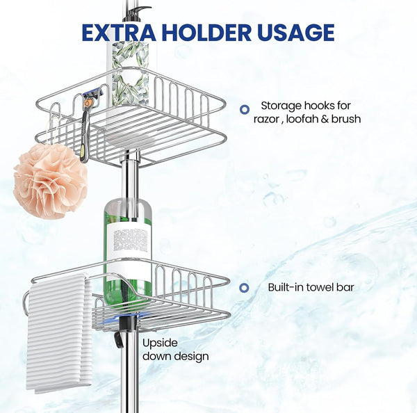 Rustproof Shower Caddy Corner and Shower Organizer Corner for Bathroom,Corner Shower Caddy Tension Pole with 4 Adjustable Baskets for Shower Accessories, 34 to 116 Inch Height, Silver5