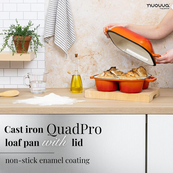 Quadpro Enamelled Cast Iron Bread Loaf Pot – Dutch Oven for Sourdough Bread Baking – 500°F Oven Safe Non Stick Bread Pot – 4 round Loaf Spaces (4.90-Inch Diameter), Orange – by4
