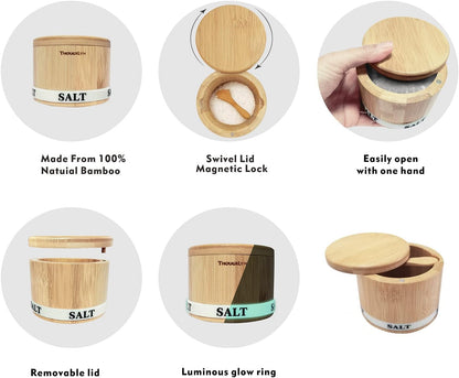 Salt Cellar with Lid, Bamboo Salt Container for Countertop | Salt Box with Built-In Spoon and Divider, Luminous SALT Label Holder, 13Oz Kitchen Salt Bowl for Sea Salt Pepper and Spice4