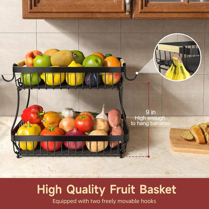 2-Tier Fruit Basket with Banana Hangers, Detachable Metal Bowl | Wooden Handle, Protective Mats Included. Versatile Holder for Bread, Snacks, and Veggies. Large 2 Tier Metal Design.2