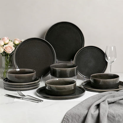 Dinnerware Sets for 4, 12 Pcs Reactive Glaze Plates and Bowls Sets, Black2