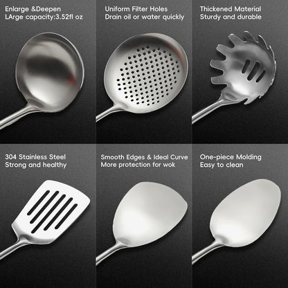 18/10 Stainless Steel Kitchen Utensils Set,10 Piece Cooking Utensils with Wood Handle,Heat Resistant Kitchen Tool Set with Spatula,Spoon,Ladle,Skimmer,Slotted Turners,Pasta,Turner,Ladl,Fork3