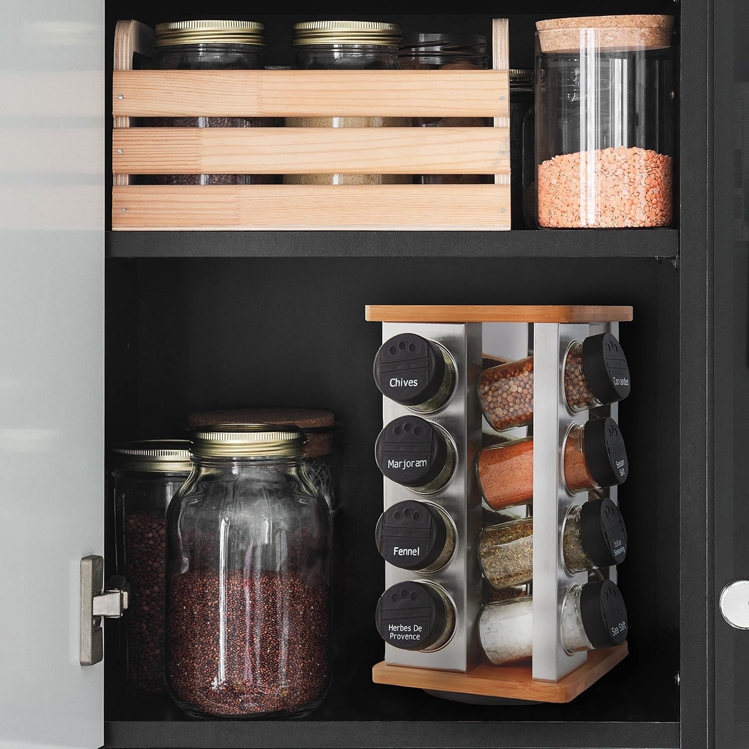 16-jar-warner-revolving-countertop-spice-rack-organizer-with-lift-pour-caps-and-spices-included-free-spice-refills-for-5-years-stainless-steel-bamboo-with-black-caps