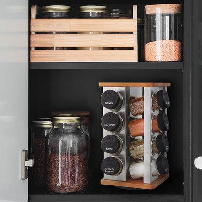 16 Jar Warner Revolving Countertop Spice Rack Organizer with Lift & Pour Caps and Spices Included, FREE Spice Refills for 5 Years, Stainless Steel & Bamboo with Black Caps5