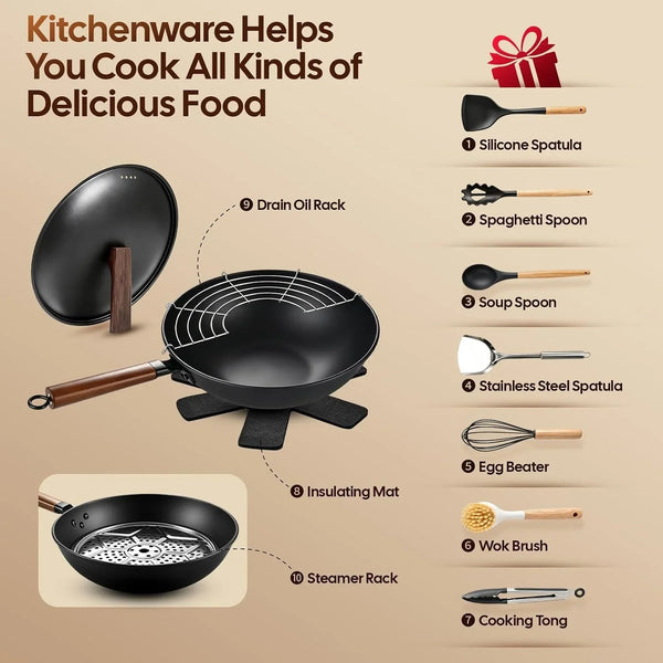 13'' Carbon Steel Wok, 12 Piece Wok Pan & Stir-Fry Pans Set with Lid | No Chemical Coated Flat Bottom Chinese Wok Pan3