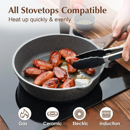 Nonstick Skillet, Deep Frying Pan 10/11/12-Inch, Saute Pan with Lid, Stay-Cool Handle, Healthy Stone Cookware Cooking Pan, Induction Compatible (10-Inch/3.5Qt)3