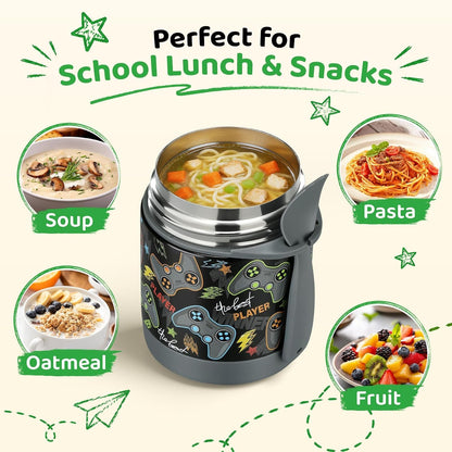 10Oz Soup Thermo for Hot Food Kids Insulated Food Jar,Thermo Hot Food Lunch Container, Width Mouth Stainless Steel Lunch Box for Kids with Spoon (Black-Gamepad)6