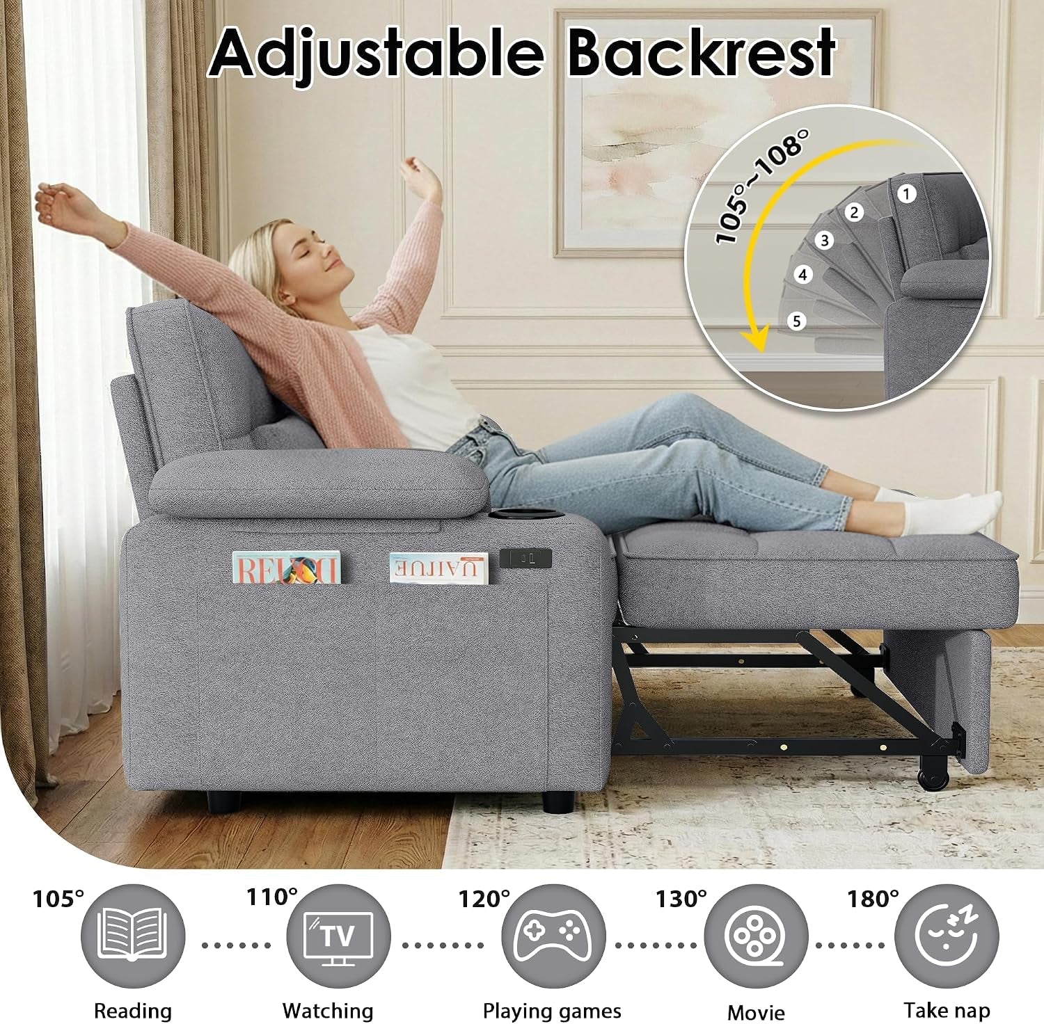 58-convertible-sofa-bed-with-usb-charger-and-cup-holders-teddy-fabric-loveseat-pull-out-couch-with-adjustable-backrest-and-side-pocket-for-small-spacegrey