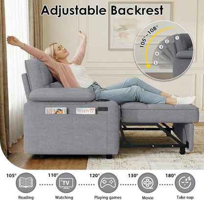 58'' Convertible Sofa Bed with USB Charger and Cup Holders, Teddy Fabric Loveseat Pull Out Couch with Adjustable Backrest and Side Pocket for Small Space(Grey)3