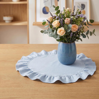 Round Ruffled Linen Blend Placemats, 15 Inch Scalloped Table Mats, Set of 47