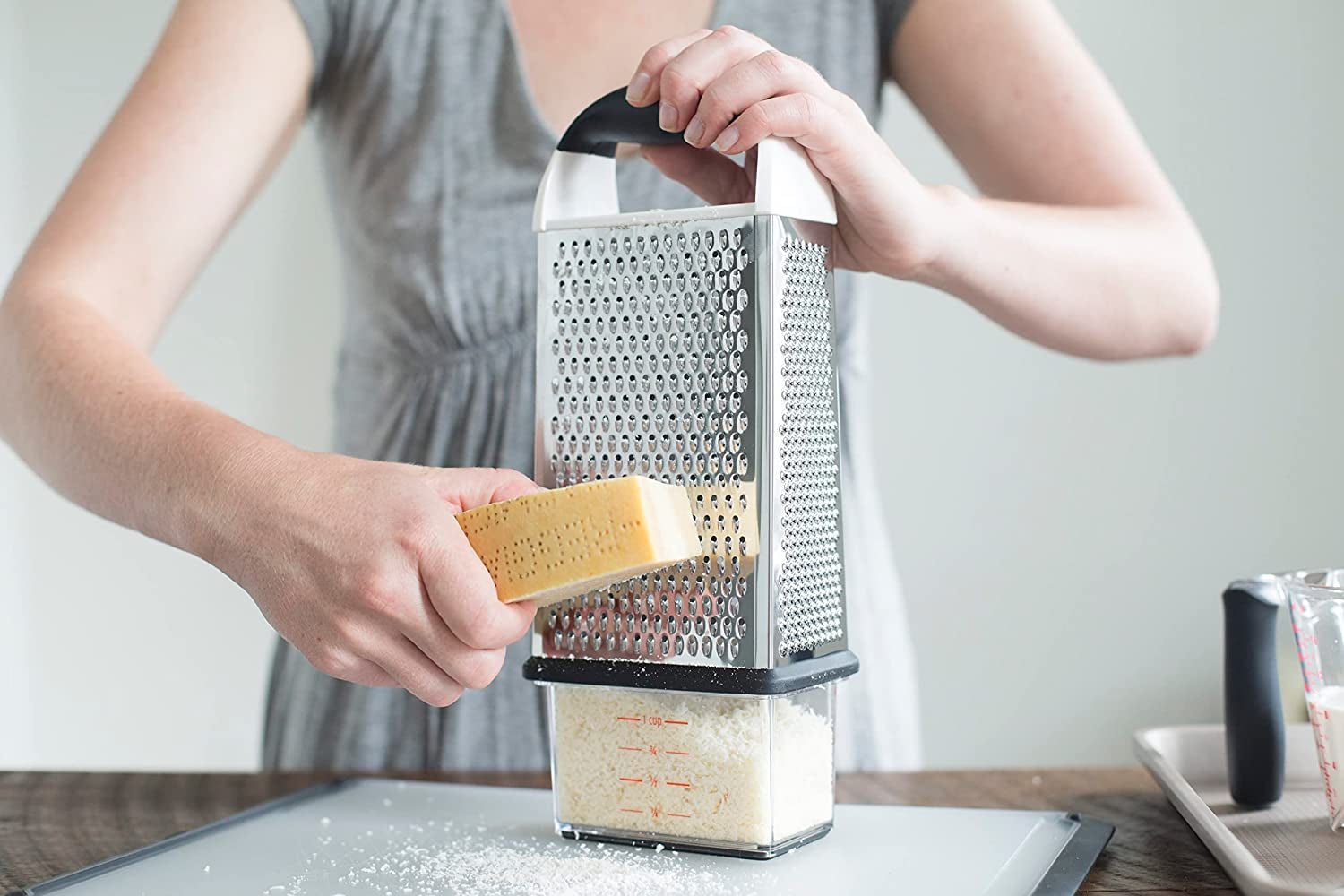 oxo-good-grips-4-sided-box-grater-for-cheese-vegetables-with-container-stainless-steel-grating-surfaces-non-slip-handle-detachable-container-cheese-vegetables-zesting-multi-purpose-grater