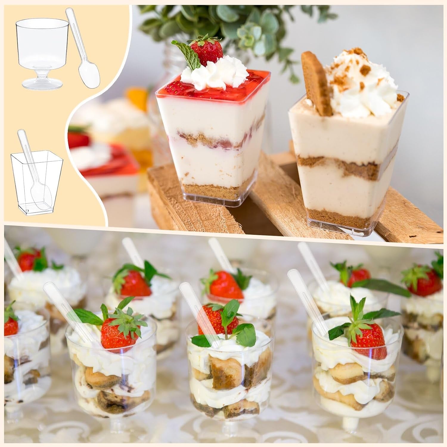 320-pack-dessert-cups-with-spoons-5-oz-mini-plastic-dessert-cups-for-party-yogurt-parfait-jello-fruit-appetizer-cocktail-small-clear-reusable-square-and-round-goblet-shaped-dessert-bowls-shot-glasses