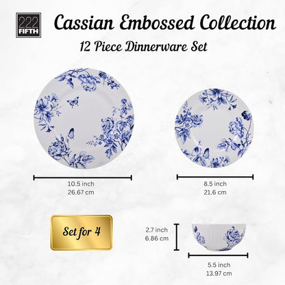 12-Piece Porcelain Dinnerware Set for 4, White & Blue Plates and Bowls Set, Glossy Ceramic Dish Set with Embossed Toile Pattern, Elegant Kitchen Dishes, Microwave & Dishwasher Safe, Cassian7